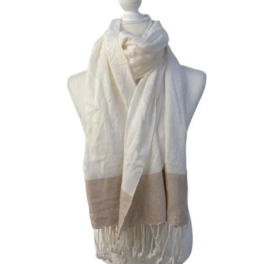 Textured Scarf Fringed Shawl Butterfly Design Neutral Cream 70 x 36 inch​​‎